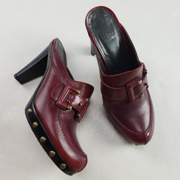 Stuart Weitzman Red Leather Clog Womens 6 Slip On Heel Studded Buckle Mule - Picture 1 of 16